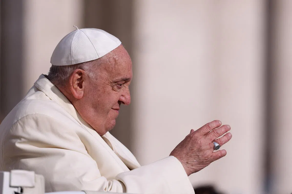 FILE PHOTO: Pope Francis attends the weekly general audience, in St Peter’s Square at the Vatican, November 13, 2024. REUTERS/Claudia Greco/File Photo
