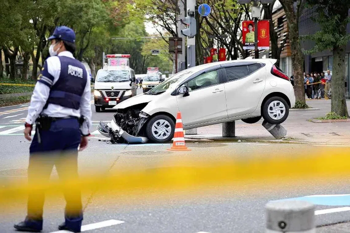 The car was found partially suspended by the traffic bollard in the vicinity, its front having sustained heavy damage.