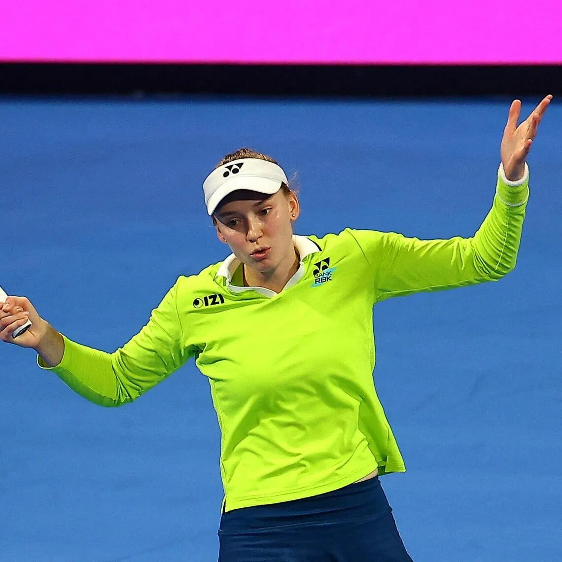 Kazakhstan's Elena Rybakina reacts during her quarter-final match against Canada's Victoria Mboko on Feb 12.