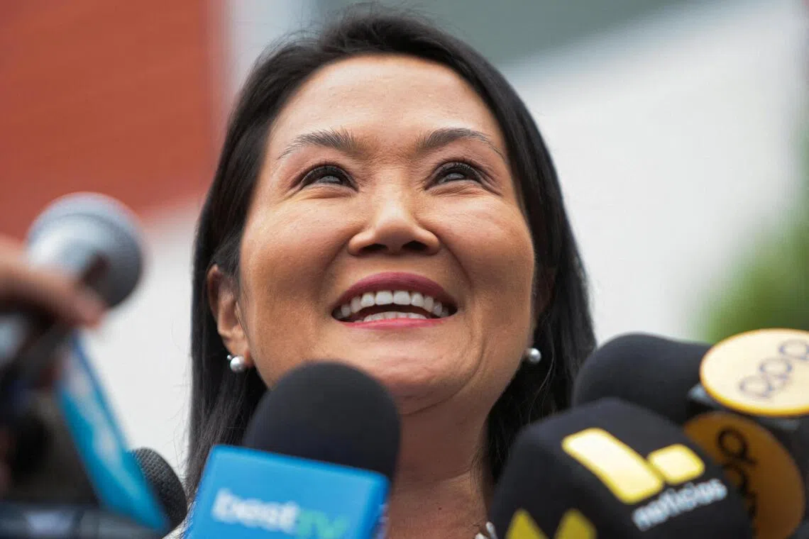 Peru's presidential candidate Keiko Fujimori holds a press conference at her party's headquarters in Lima, Peru, on June 19.