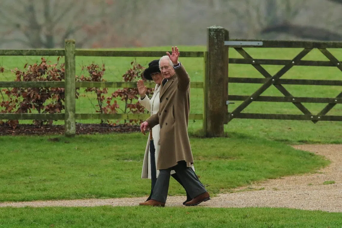Britain's King Charles and Queen Camilla arriving for a church service at St Mary Magdalene church in Sandringham in eastern England on Feb 11.