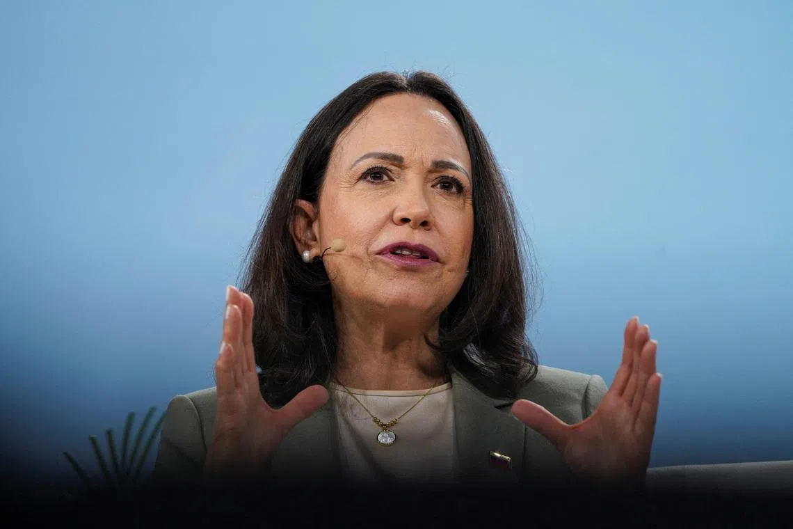 FILE PHOTO: María Corina Machado, Venezuelan opposition leader and Nobel Peace Prize winner, speaks during the CERAWeek energy conference 2026 in Houston, Texas, U.S., March 24, 2026. REUTERS/Danielle Villasana/File Photo