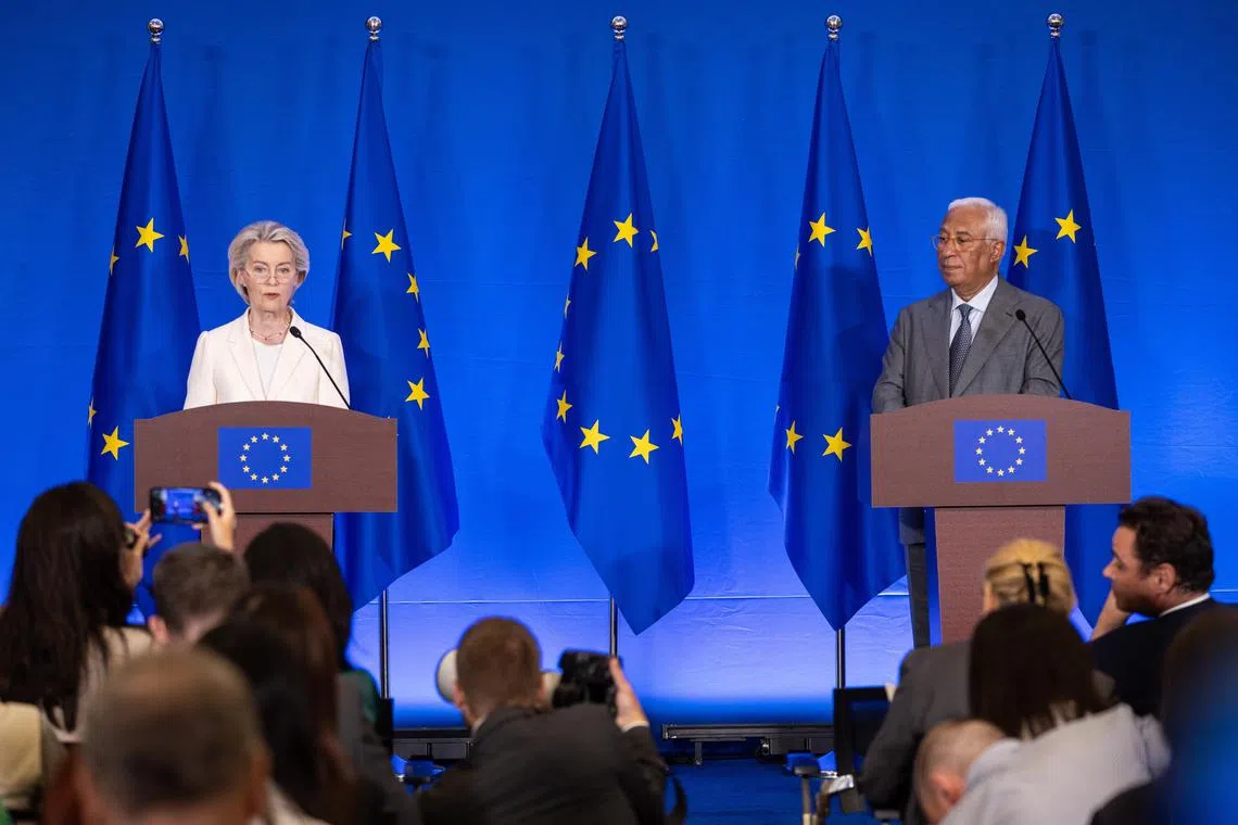 EU chief Ursula von der Leyen (left) and European Council President Antonio Costa briefing the media after their meetings in Beijing, China, on July 24.