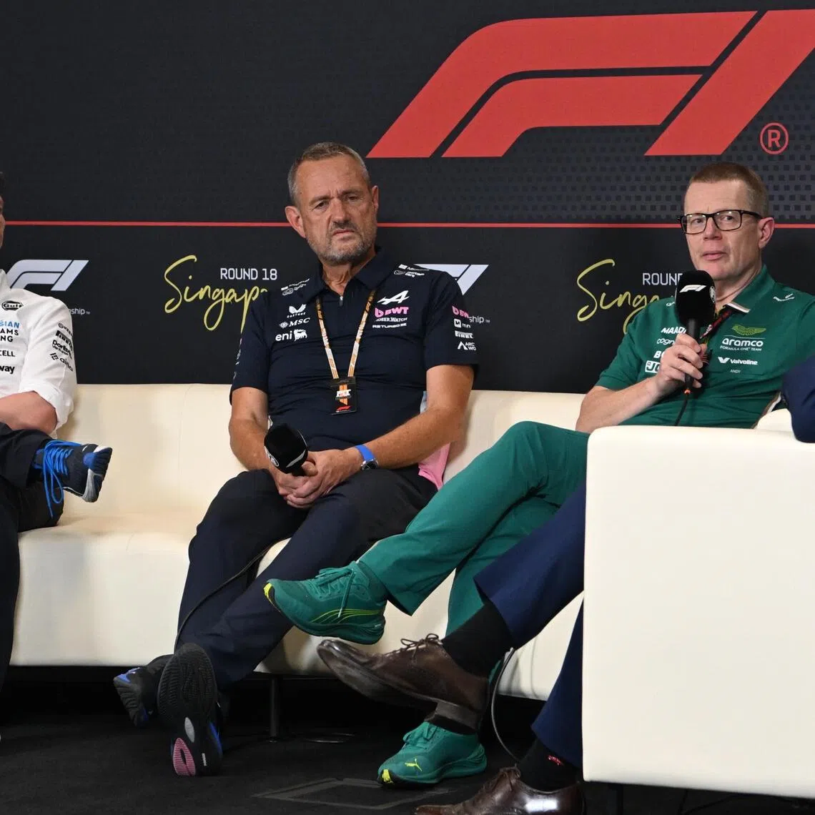 [NOTE: F1 photos are for editorial use only and NOT for sale.] 

(From left) Williams Racing team principal James Vowles, BWT Alpine team managing director Steve Nielsen, and Aston Martin Aramco Formula One team principal Andy Cowell, during a press conference the first practice session of the Formula 1 2025 Singapore Airlines Singapore Grand Prix at the Marina Bay Street Circuit on Oct 3, 2025. 

ST PHOTO: AZMI ATHNI