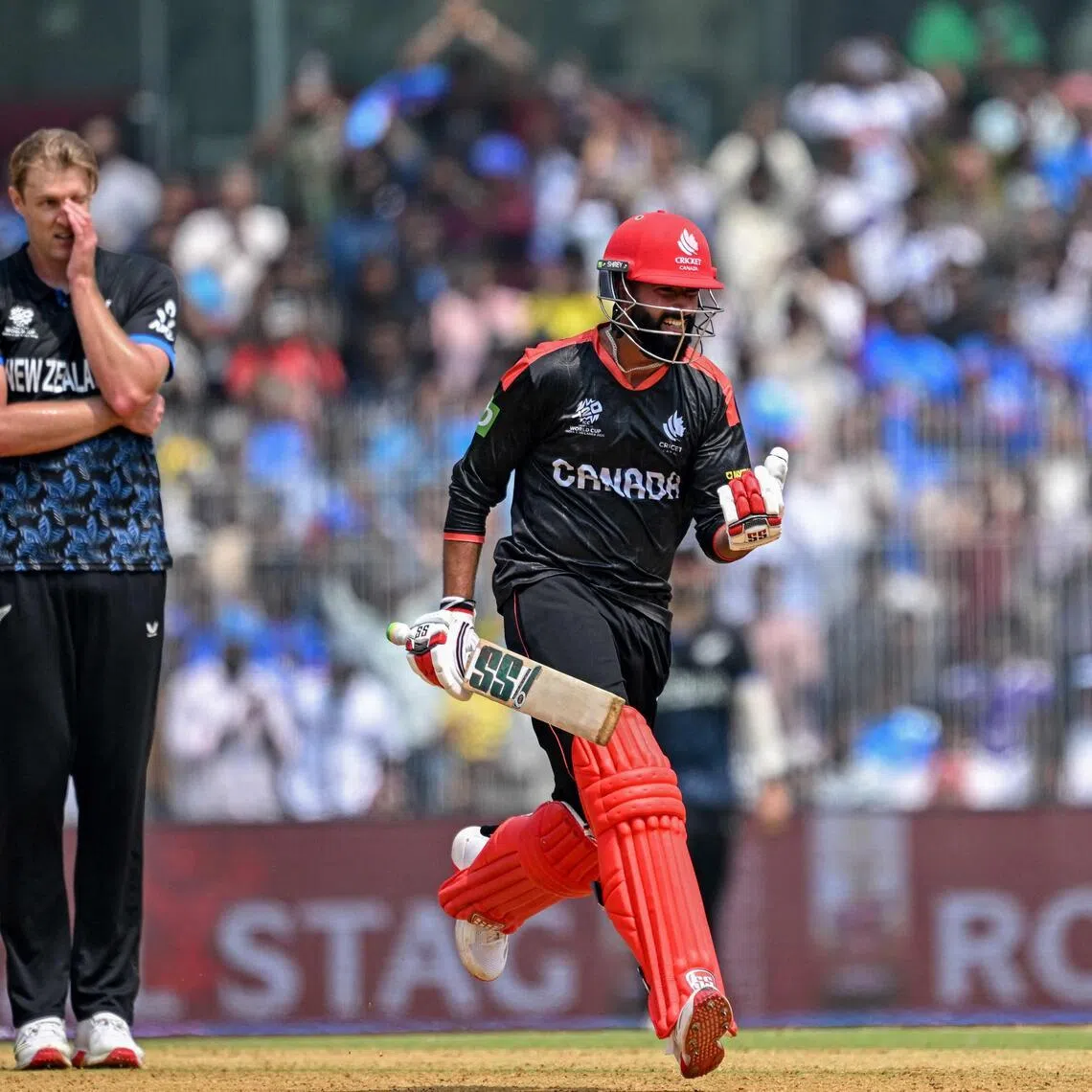 Canada's Yuvraj Samra celebrating after scoring a century in the ICC Men's T20 Cricket World Cup group-stage loss to New Zealand at the MA Chidambaram Stadium in Chennai on Feb 17, 2026.