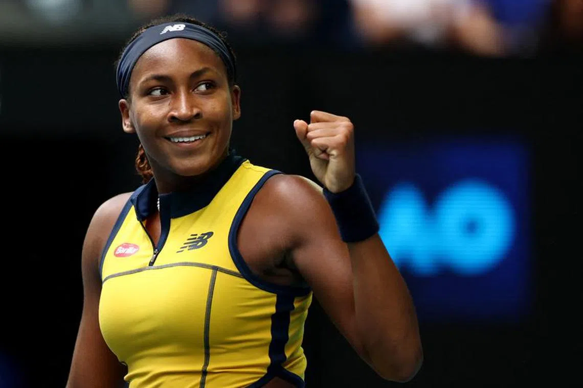 Tennis - Australian Open - Melbourne Park, Melbourne, Australia - January 21, 2024 Coco Gauff of the U.S. celebrates winning her fourth round match against Poland's Magdalena Frech REUTERS/Eloisa Lopez