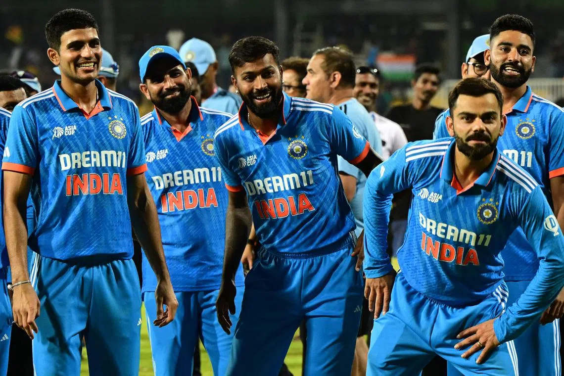 From left: India's Shubman Gill, Mohammed Shami, Hardik Pandya, Virat Kohli and Mohammed Siraj posing after their team's win at the end of the Asia Cup 2023 one-day international final cricket match against Sri Lanka at the R. Premadasa Stadium in Colombo on Sept 17, 2023.