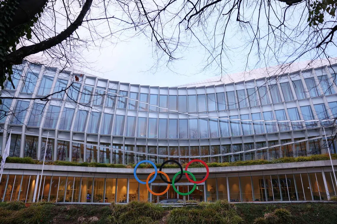 FILE PHOTO: The Olympic rings symbol is displayed at the Olympic House, ahead of the Executive Board meeting of the International Olympic Committee (IOC), in Lausanne, Switzerland, December 3, 2024. REUTERS/Denis Balibouse/File Photo