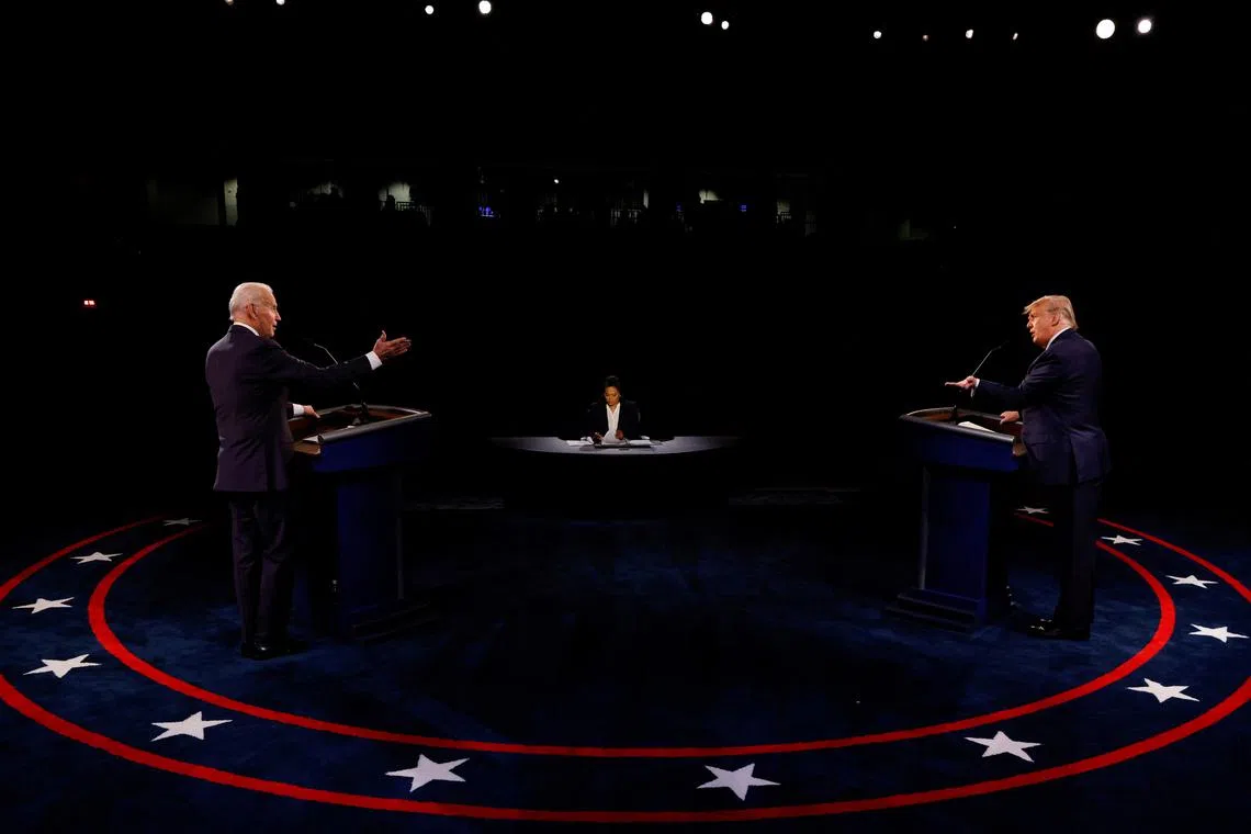 Mr Joe Biden (left) and Mr Donald Trump face off in their second 2020 presidential campaign debate in Nashville, Tennessee, on Oct 22, 2020.