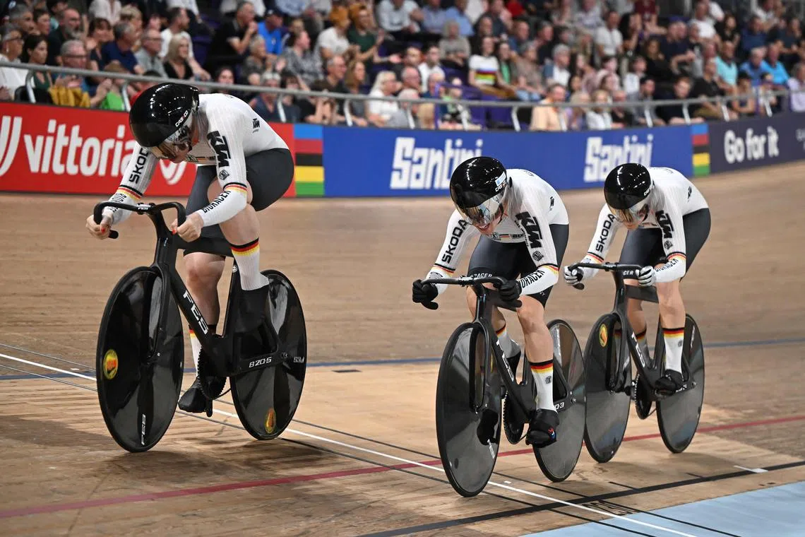 Germany win gold in the women's Elite Team Sprint Final at the Sir Chris Hoy velodrome during the Cycling World Championships in Glasgow, Scotland on August 3, 2023. (Photo by Oli SCARFF / AFP)