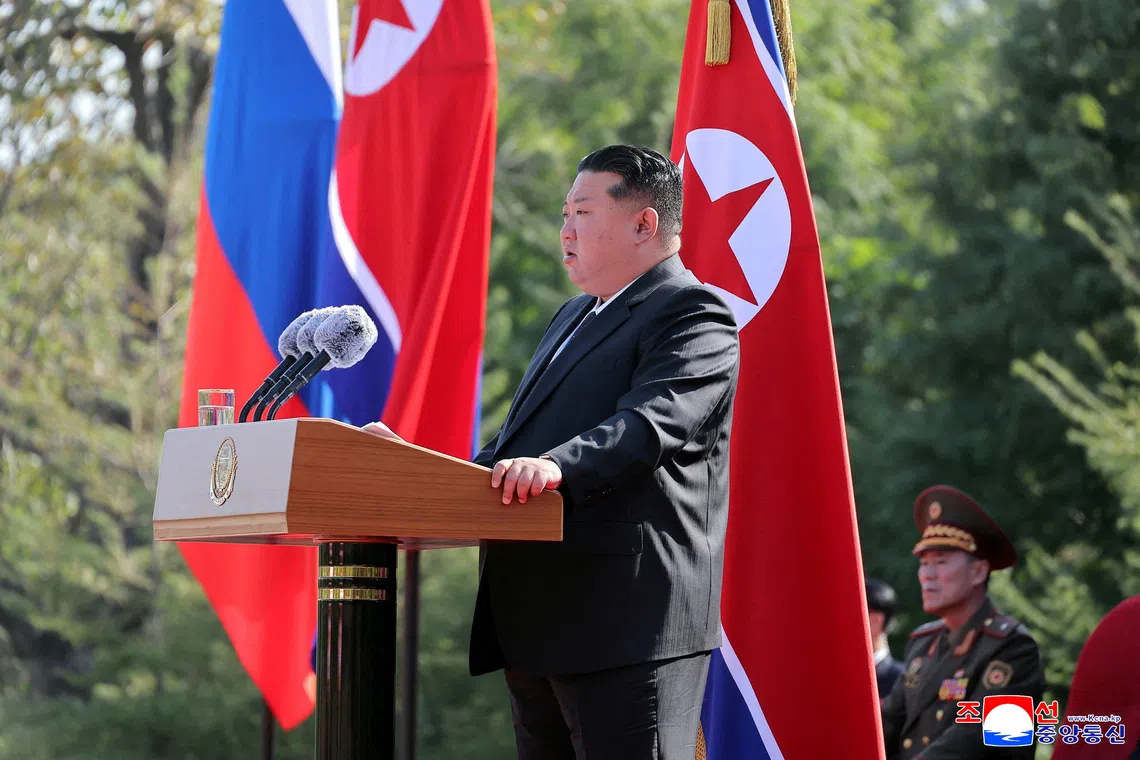 North Korean leader Kim Jong Un delivers a speech at the groundbreaking ceremony for the Overseas Military Operations Battle Merit Memorial Hall, for North Korean soldiers who fought alongside Russia in Kursk regions, in Pyongyang, North Korea, November 23, 2025. KCNA via REUTERS