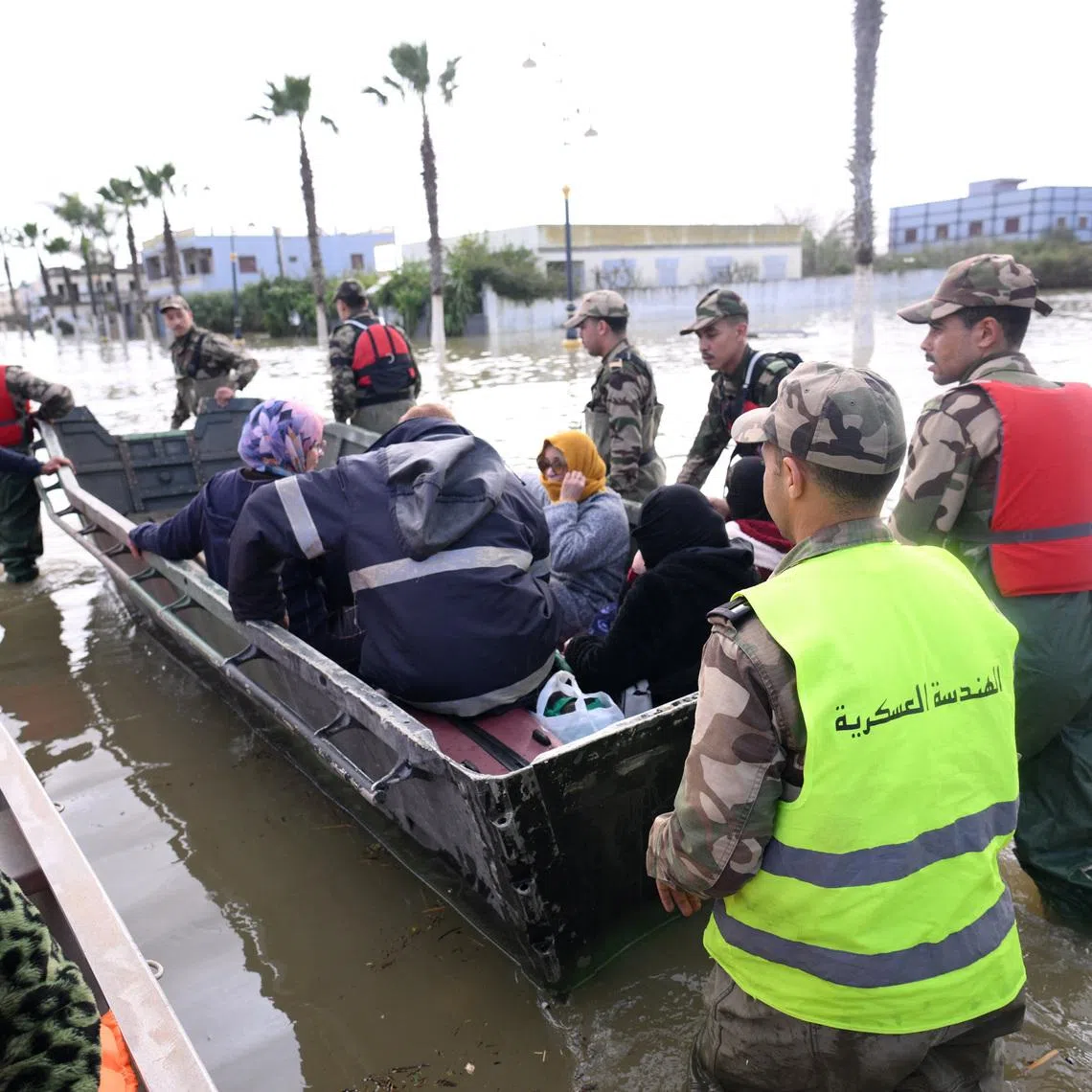 Royal Armed Forces and civil authorities work together to address flooding risks amid rising waters in the Loukkos River, in Ksar El Kebir, Morocco February 2, 2026. Moroccan authorities/Handout via REUTERS