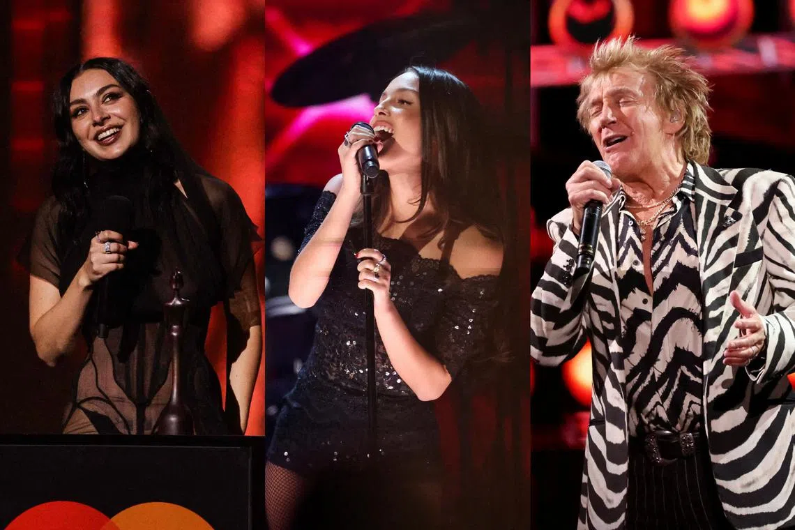(From left) New artistes Charli XCX and Olivia Rodrigo are set to perform alongside veteran stars Rod Stewart at Britain’s Glastonbury Festival in June. 