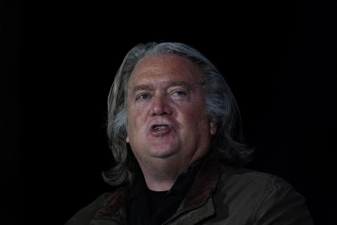 Former White House chief strategist Steve Bannon speaking at the Pro-Human Assembly on Sept 15.
