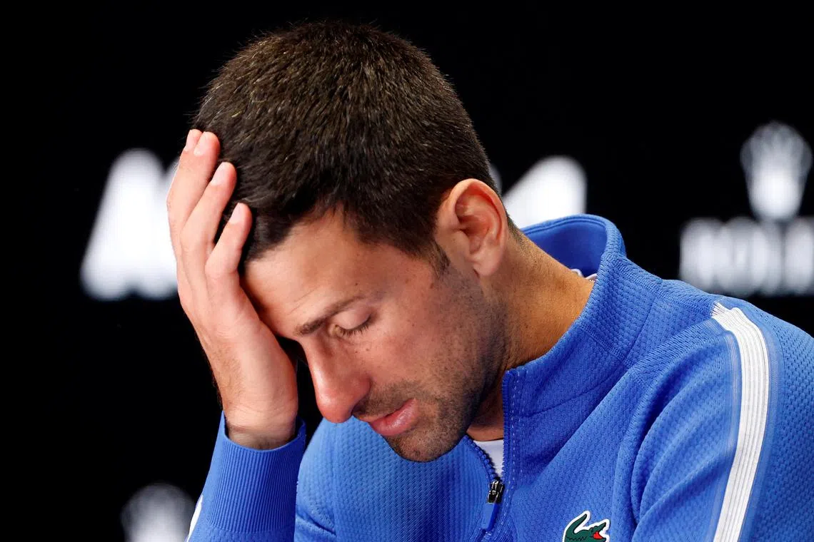FILE PHOTO: Tennis - Australian Open - Melbourne Park, Melbourne, Australia - January 26, 2024 Serbia's Novak Djokovic during a press conference after losing his semi final match against Italy's Jannik Sinner REUTERS/Ciro De Luca/File Photo