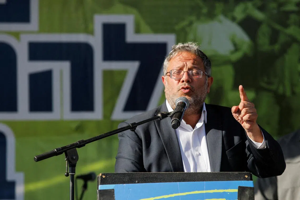 FILE PHOTO: Israeli National Security Minister Itamar Ben-Gvir speaks while a conference on the resettlement of the Gaza Strip takes place, at an unspecified location in southern Israel, October 21, 2024. REUTERS/Tomer Appelbaum/File Photo
