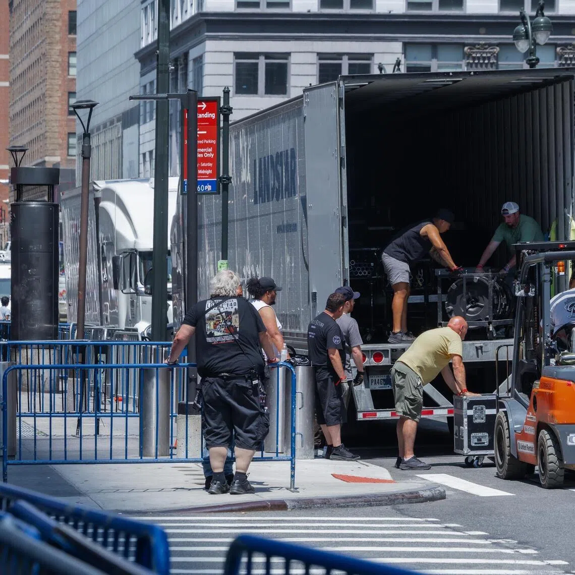 Traffic flows past Madison Square Garden as preparations are underway for the wedding of American singer Taylor Swift and football player Travis Kelce in New York.