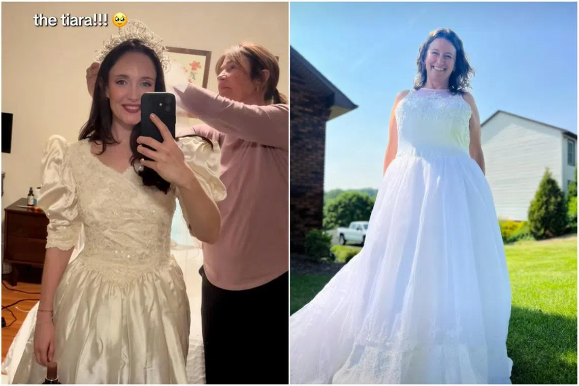 Ms Joan Daly (left) said the unboxing video, which she posted on TikTok, received around 10,000 views. On the right, Ms Tara Clark unboxing her 25-year-old sleeveless wedding dress.