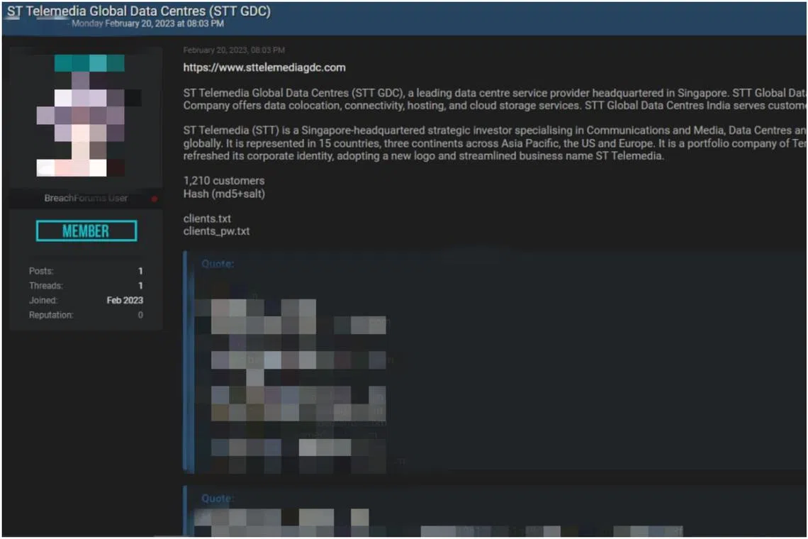 A screengrab from a hacker's forum shows the login credentials of some 1,200 clients of ST Telemedia Global Data Centres.