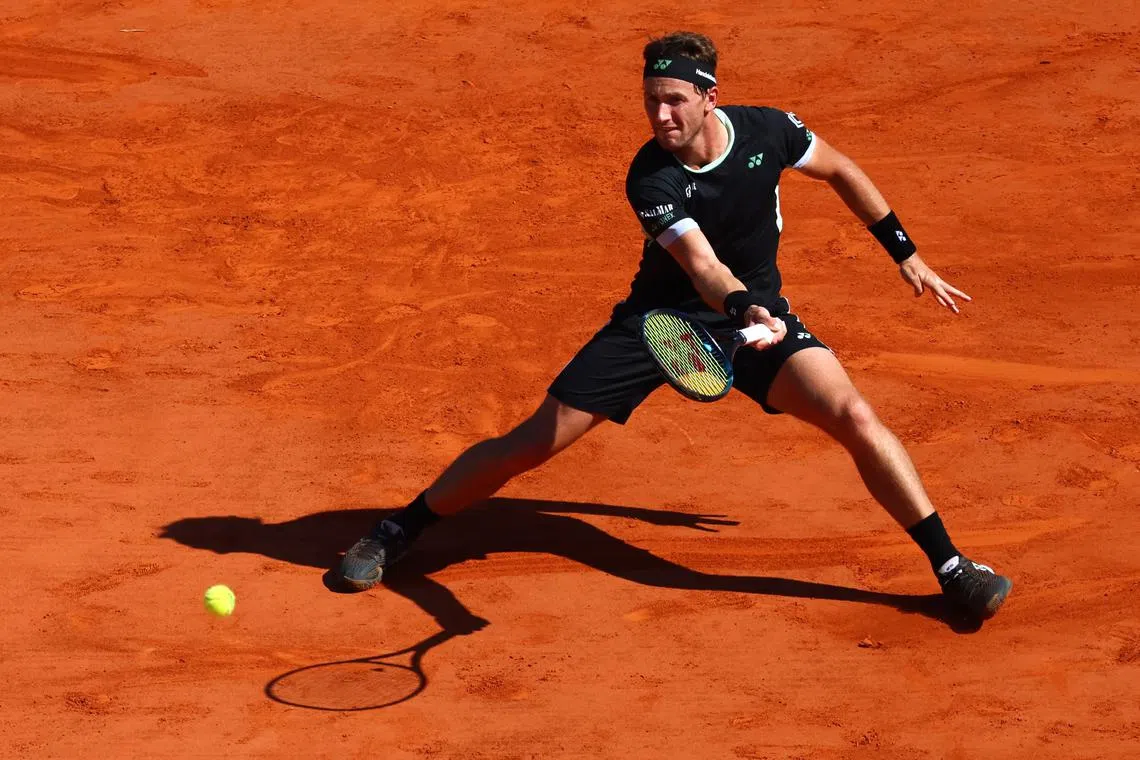 Tennis - ATP Masters 1000 - Monte Carlo Masters - Monte Carlo Country Club, Roquebrune-Cap-Martin, France - April 14, 2024 Norway's Casper Ruud in action during his final match against Greece's Stefanos Tsitsipas REUTERS/Denis Balibouse/File Photo