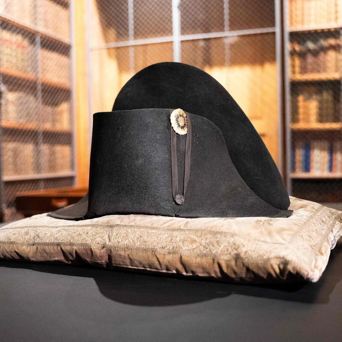 The black felt bicorne is thought to have been worn by French emperor Napoleon Bonaparte during his exile on the island of Saint Helena in the Atlantic Ocean.