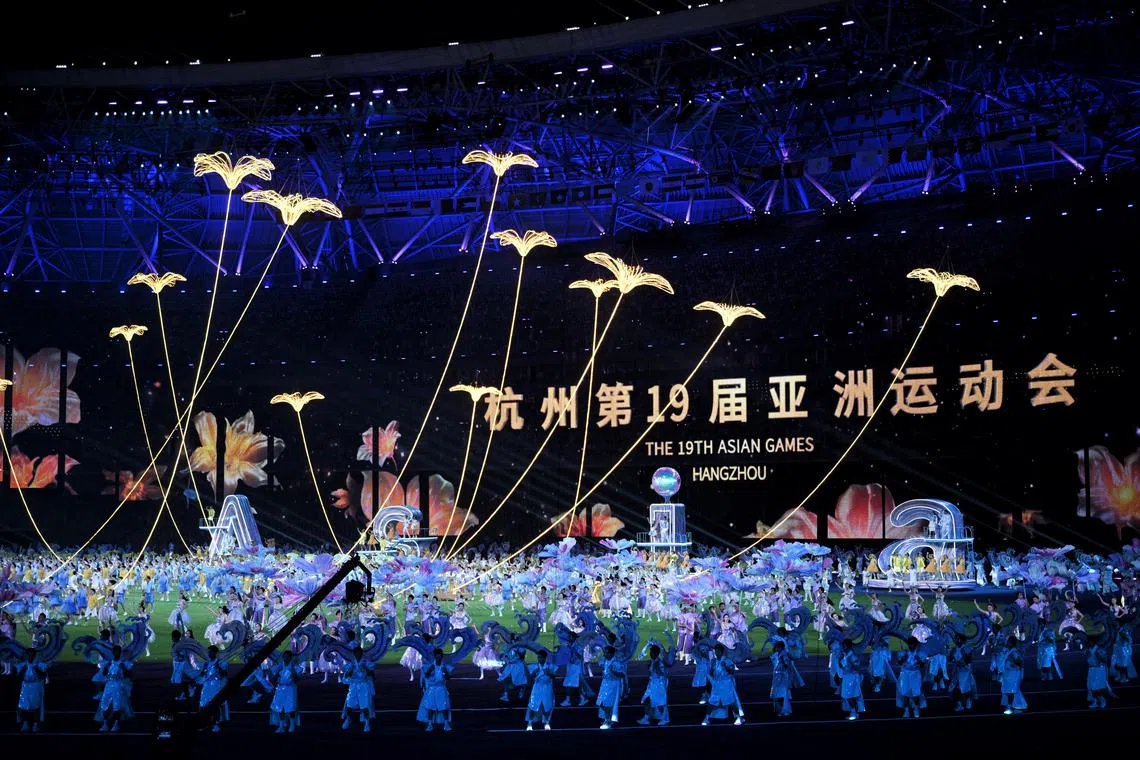 Performative segments during the closing ceremony of the 19th Asian Games held at the Hangzhou Olympic Sports Centre Stadium on Oct 8, 2023.