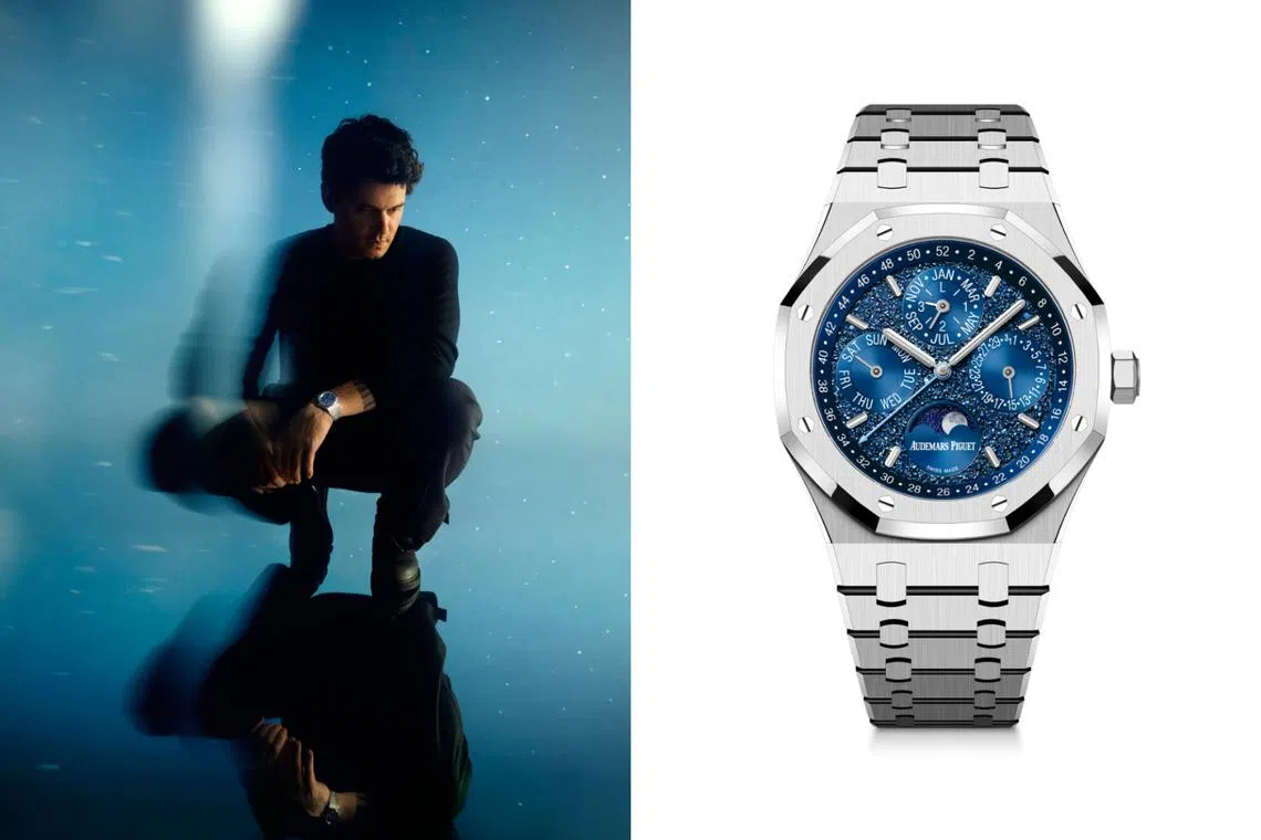 The Royal Oak Perpetual Calendar John Mayer Limited Edition is fashioned from white gold and has a textured blue "crystal sky" dial.