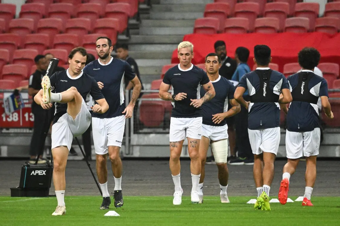 Guam skipper Jason Cunliffe (middle with blonde hair) during training ahead of Guam's world cup qualifiers against Singapore at National Stadium on Oct 11, 2023.