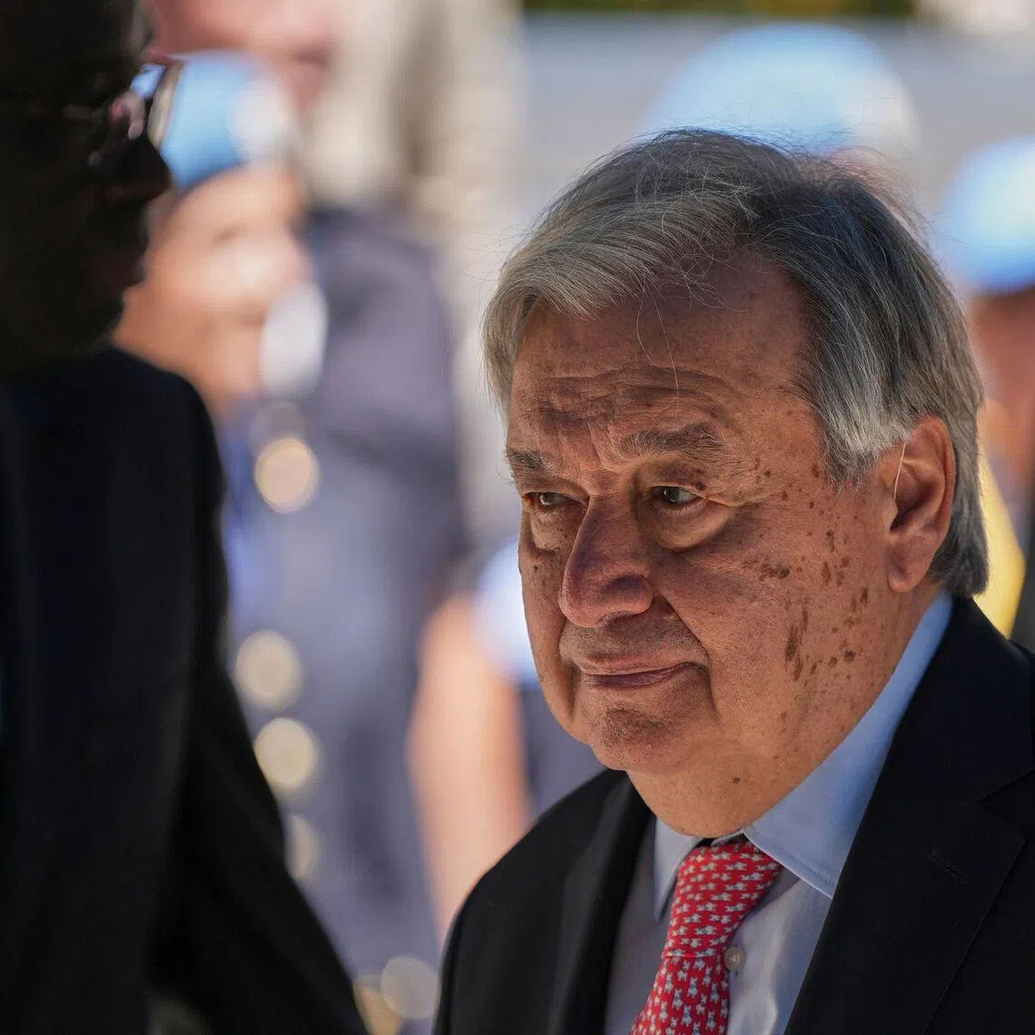UN Secretary-General Antonio Guterres attends a wreath-laying ceremony at the Ledra Palace Hotel in the UN-controlled buffer zone in the divided capital of Nicosia, Cyprus, on July 28.