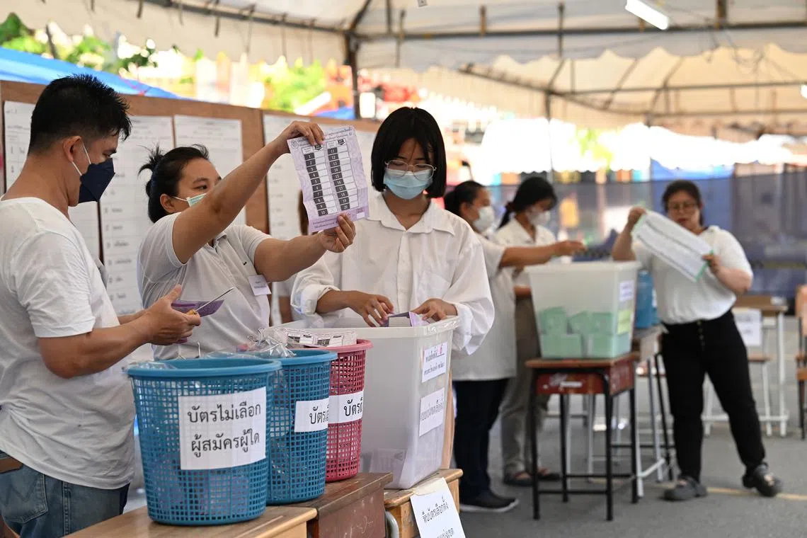 Counting of votes in progress at Wat That Thong in Bangkok on May 14 after polls closed at 5pm local time.