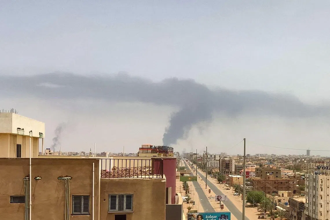 Plumes of smoke rising above Khartoum as fighting continues between Sudan's army and the paramilitary forces, on April 28.