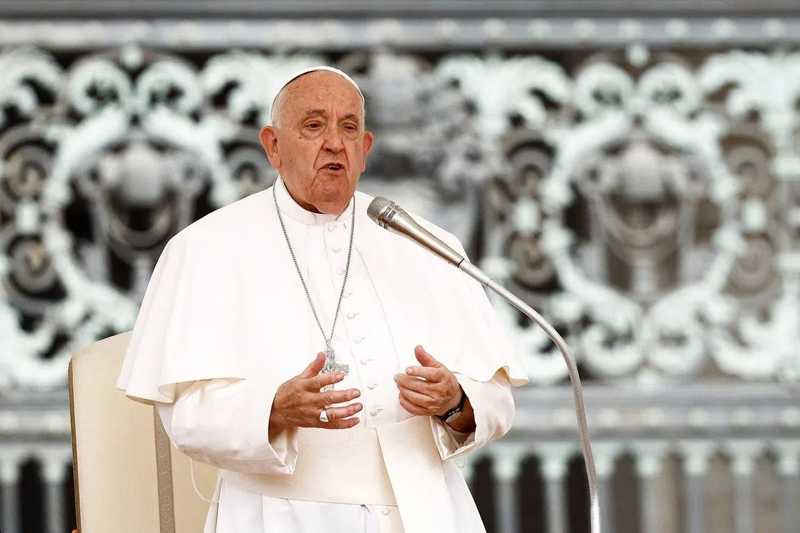 Pope Francis speaks during the weekly general audience at Saint Peter's Square at the Vatican, June 19, 2024. REUTERS/Guglielmo Mangiapane/ File Photo