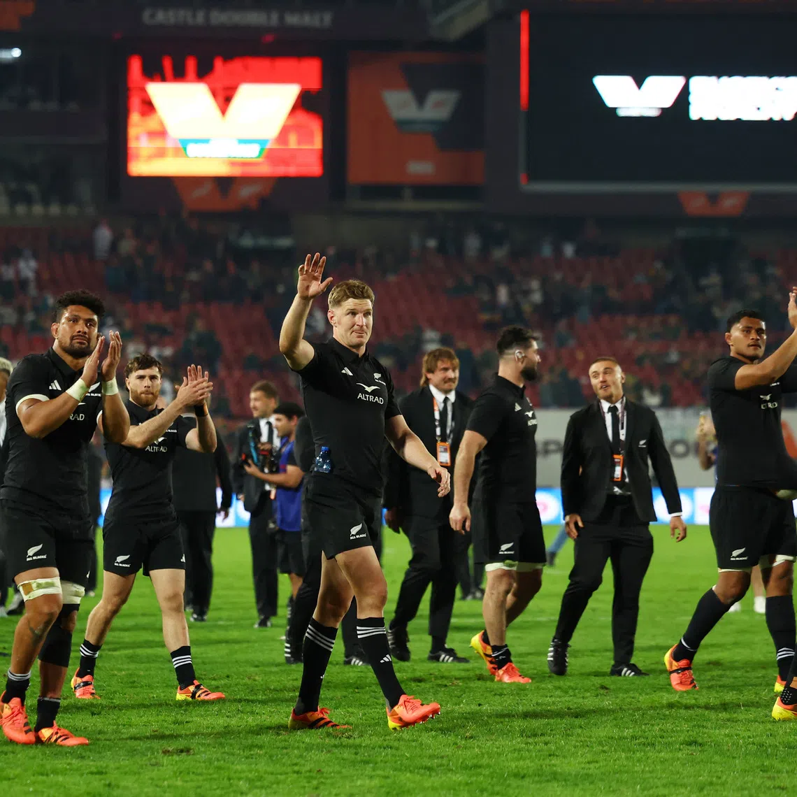Rugby Union - New Zealand tour of South Africa - South Africa v New Zealand - Ellis Park Stadium, Johannesburg, South Africa - August 22, 2026  New Zealand's Jordie Barrett celebrates after the match REUTERS/Siphiwe Sibeko