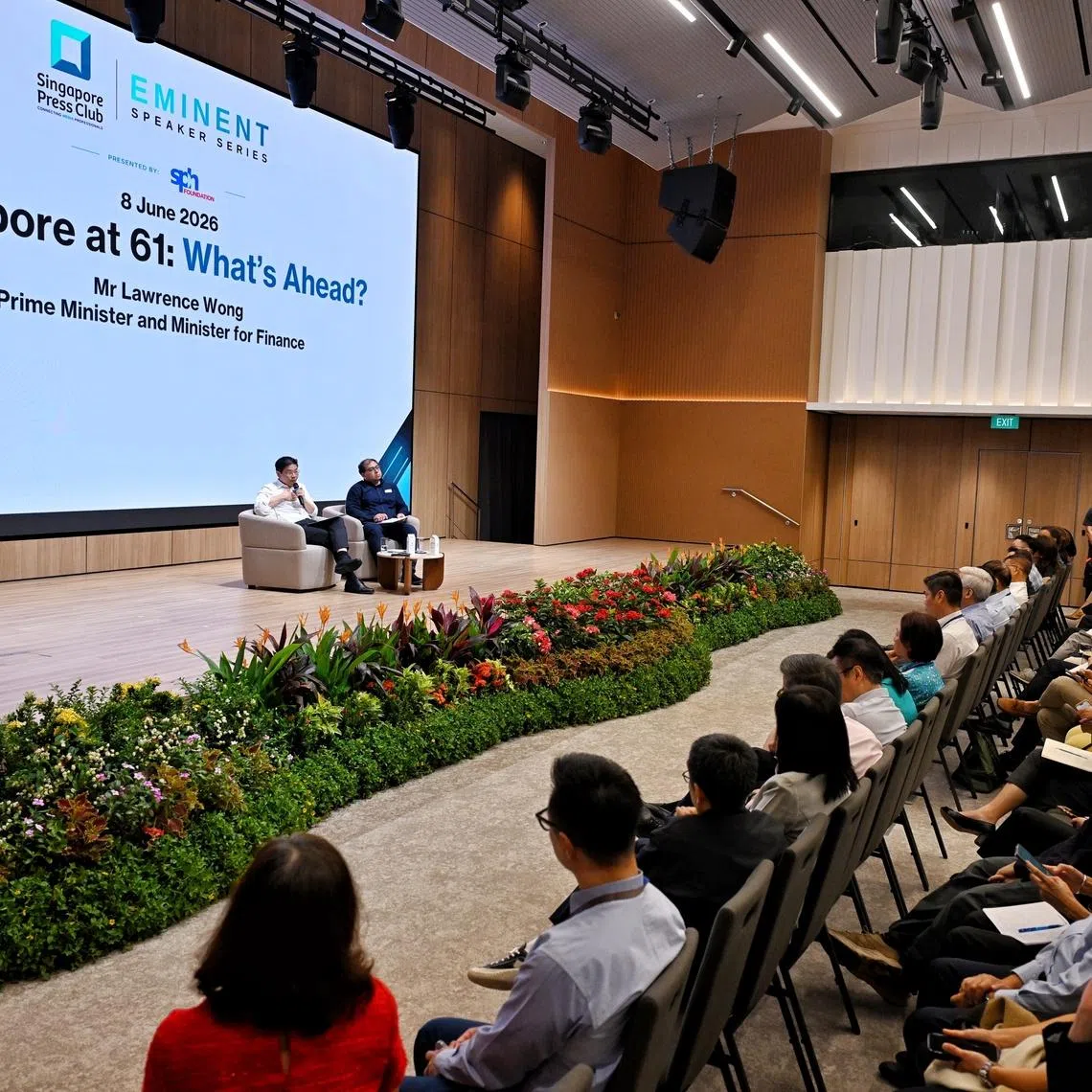 Prime Minister Lawrence Wong speaking to the Singapore Press Club members at the Eminent Speaker Series event at SPH on June 8.