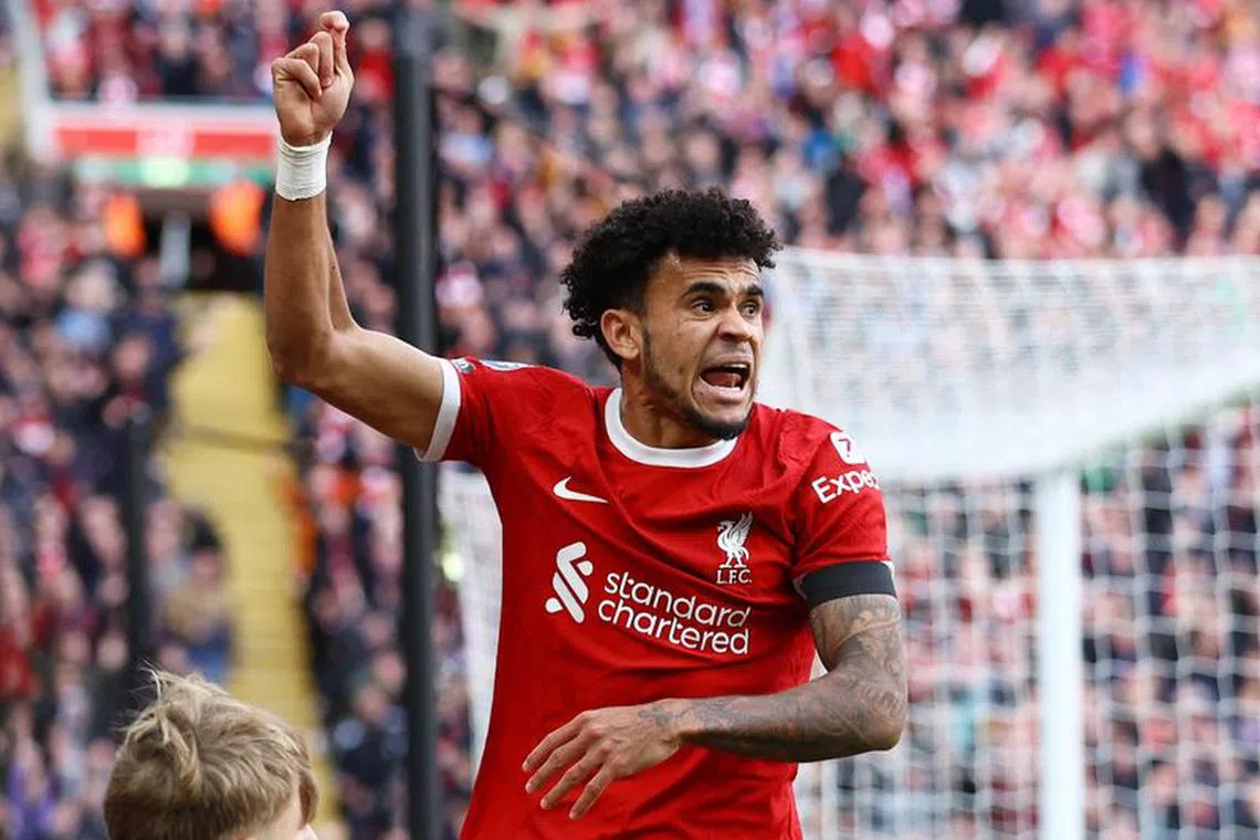 Soccer Football - Premier League - Liverpool v Everton - Anfield, Liverpool, Britain - October 21, 2023  Liverpool's Luis Diaz appeals for a penalty after the ball strikes the hand of Everton's Michael Keane REUTERS/Carl Recine/File Photo