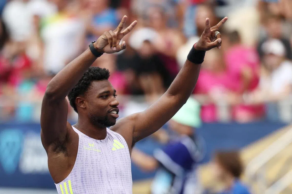 Noah Lyles of the US celebrates winning the men’s 100m final at the Diamond League in Paris on June 28.