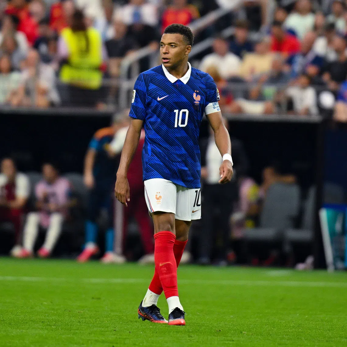 Jul 14, 2026; Arlington, Texas, USA; France forward Kylian Mbappe (10) in action during a semifinal match between France and Spain in the 2026 FIFA World Cup at Dallas Stadium. Mandatory Credit: Jerome Miron-Imagn Images