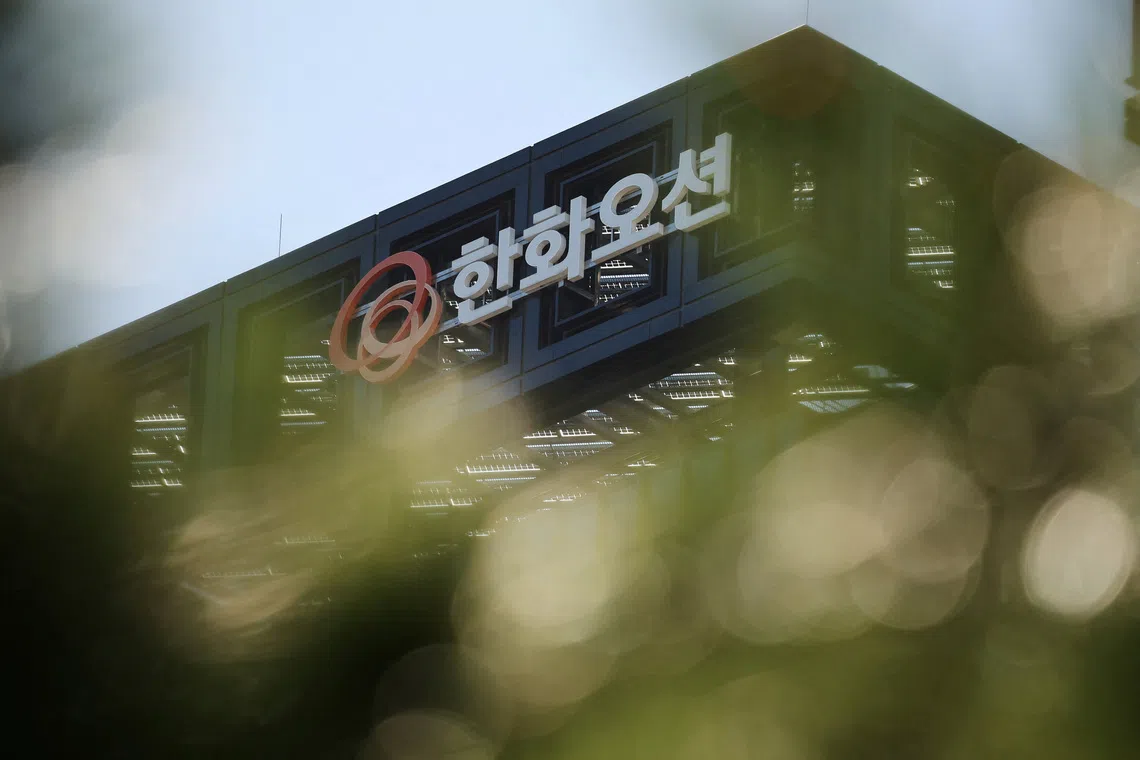 The logo of South Korean shipbuilder Hanwha Ocean at their office building in Seoul, South Korea, October 15, 2025.   REUTERS/Kim Hong-Ji