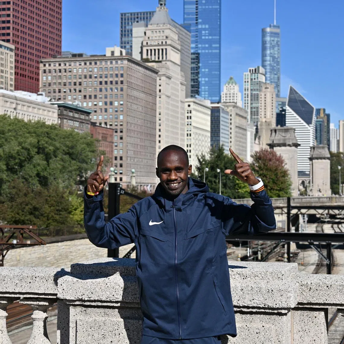 Oct 12, 2025; Chicago, IL, USA; Jacob Kiplimo of Uganda poses for a photo after winning the Chicago Marathon with a time of 2:02:23 at Grant Park. Mandatory Credit: Patrick Gorski-Imagn Images/File Photo
