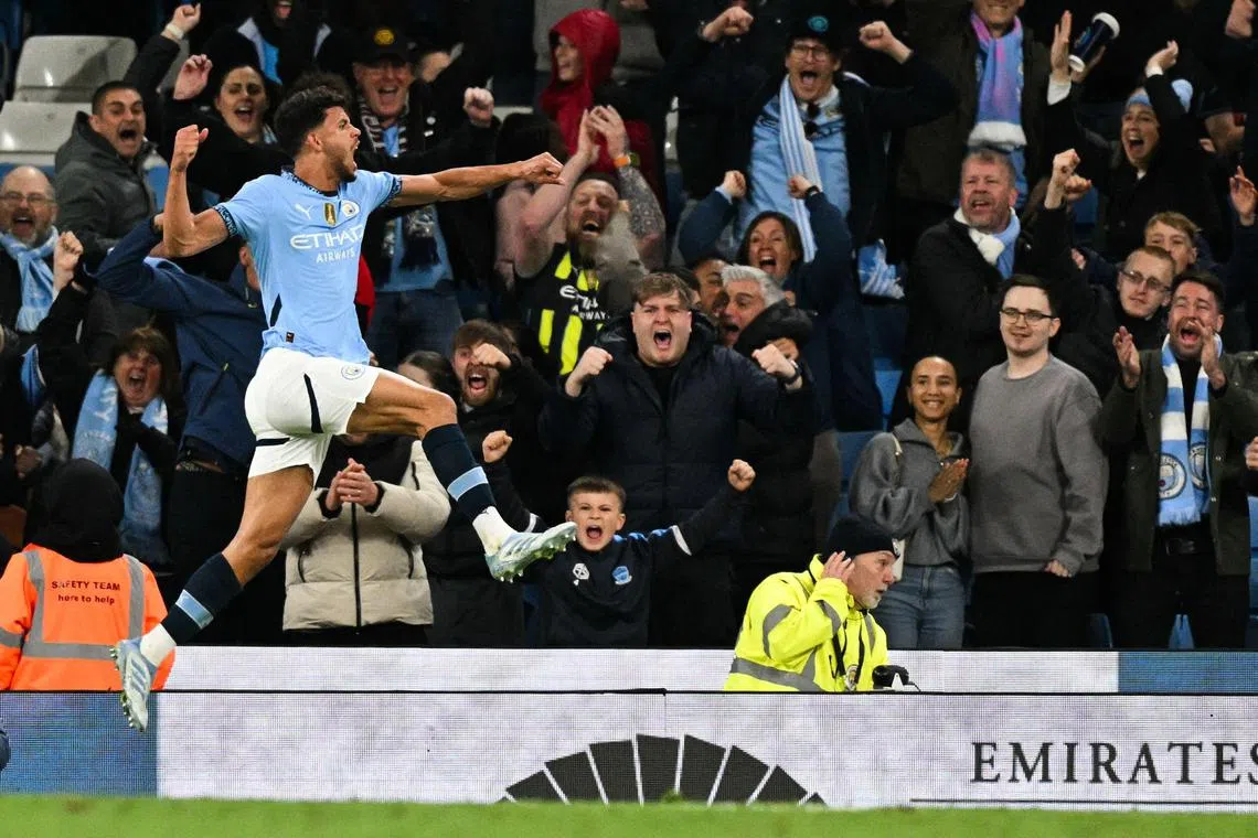 Manchester City's Matheus Nunes celebrates after scoring his team's second goal against Aston Villa.