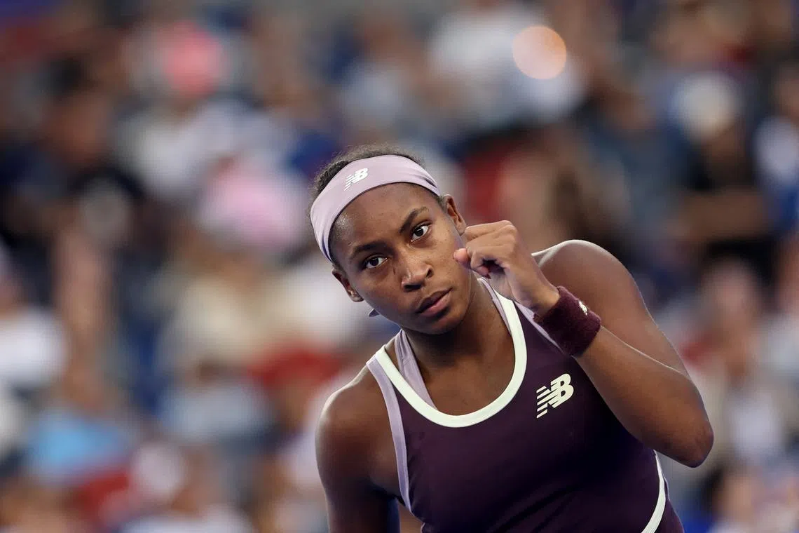 FILE PHOTO: Tennis - Wuhan Open - Optics Valley International Tennis Center, Wuhan, China - October 12, 2024 Coco Gauff of the U.S. reacts during her semi final match against Belarus' Aryna Sabalenka REUTERS/Florence Lo/File Photo