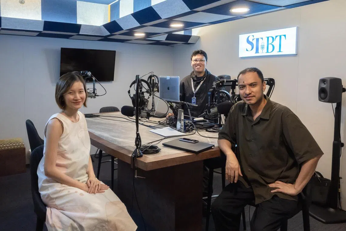(From left to right): ST's Deputy News Editor, Grace Ho, Podcast Producer, Hadyu Rahim & ST's Podcast Editor, Ernest Luis in the podcast studio.