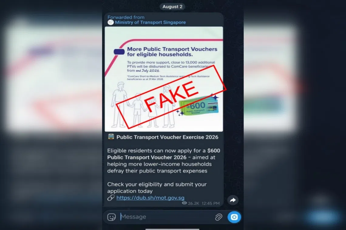 A screenshot of the Telegram message that contains a fake public transport voucher link.