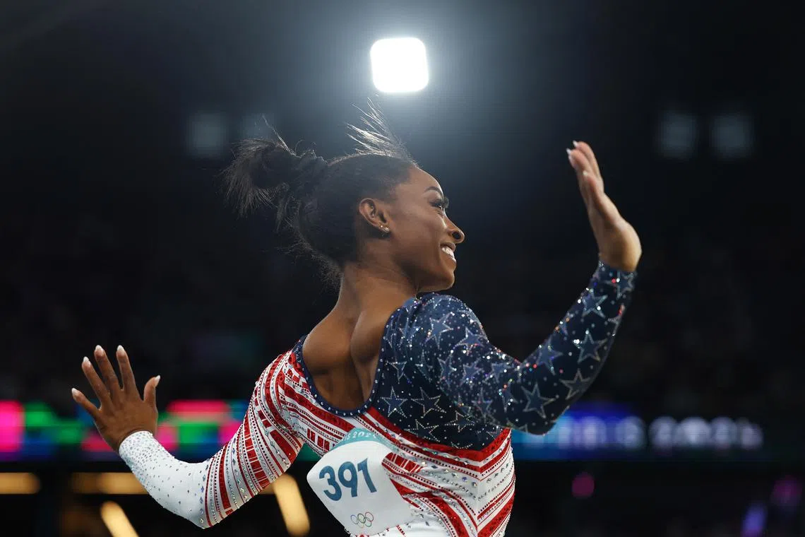 Paris 2024 Olympics - Artistic Gymnastics - Women's Team Final - Bercy Arena, Paris, France - July 30, 2024. Simone Biles of United States in action on the Floor Exercise. REUTERS/Hannah Mckay