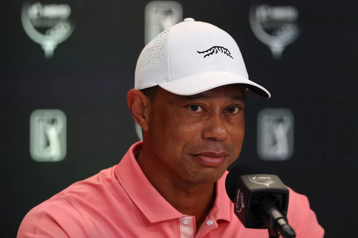 Tiger Woods speaking to the media prior to the Hero World Challenge 2024 tournament in the Bahamas, on Dec 3.