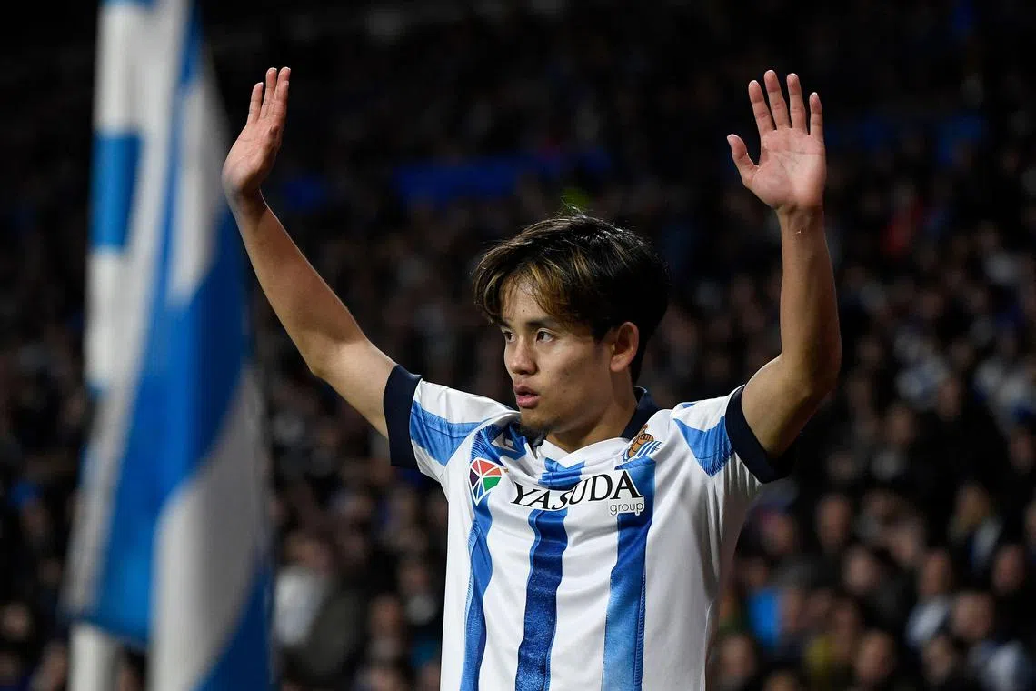Real Sociedad’s Japanese attacker Takefusa Kubo, in action here in the Champions League last-16 against Paris Saint-Germain, will not take part in Asia’s Olympic football qualifiers because of issues over securing his release.