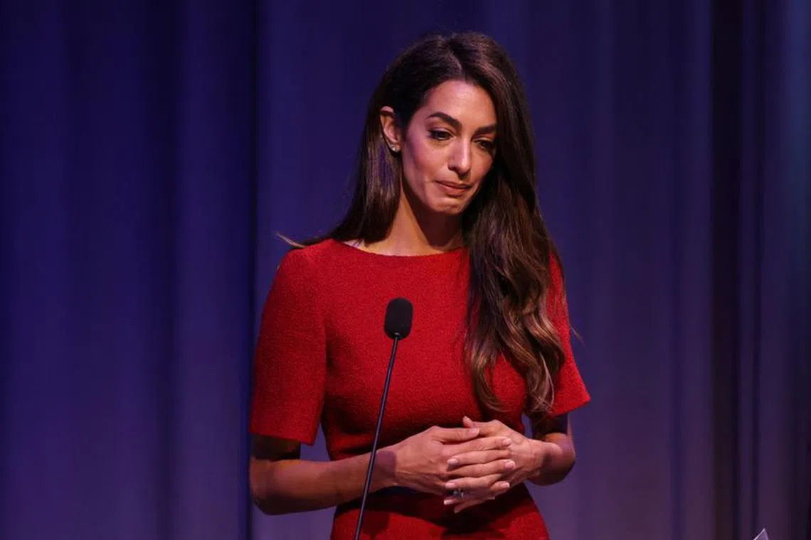 Amal Clooney, Special Advisor to the ICC Prosecutor of the situation in Sudan, pauses while speaking at the UNGA High Level Event: Ensuring Collective action for securing Human Rights and Justice in Sudan, during the 78th United Nations General Assembly in New York City, U.S., September 21, 2023.  REUTERS/Shannon Stapleton