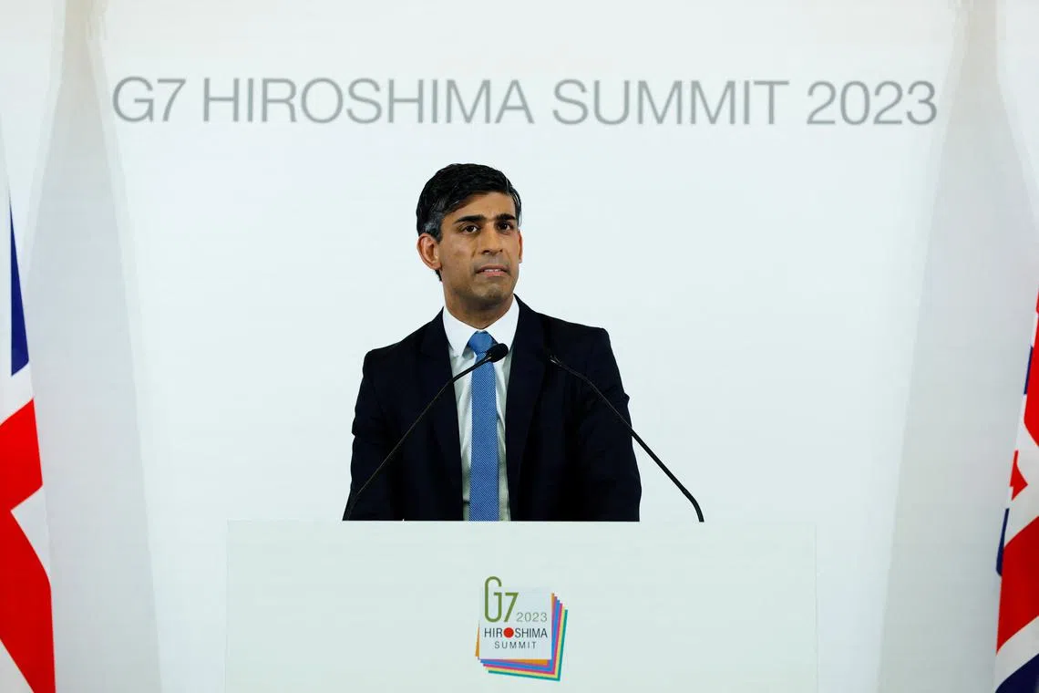 British PM Rishi Sunak at a press conference following the G7 leaders' summit in Hiroshima, on May 21, 2023. 