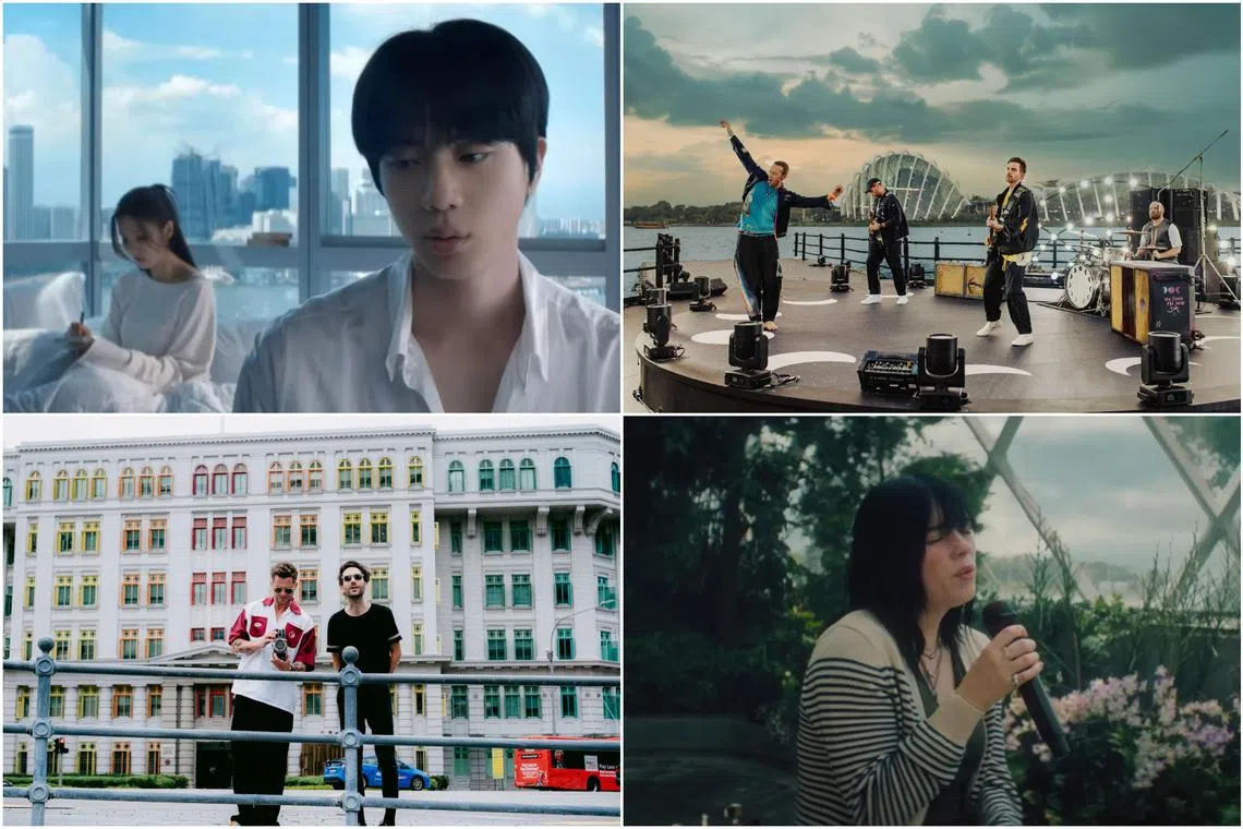 (Clockwise from top left) BTS member Jin, Coldplay, Billie Eilish and OneRepublic are among international pop stars who have teamed up with STB and filmed videos in the city-state.