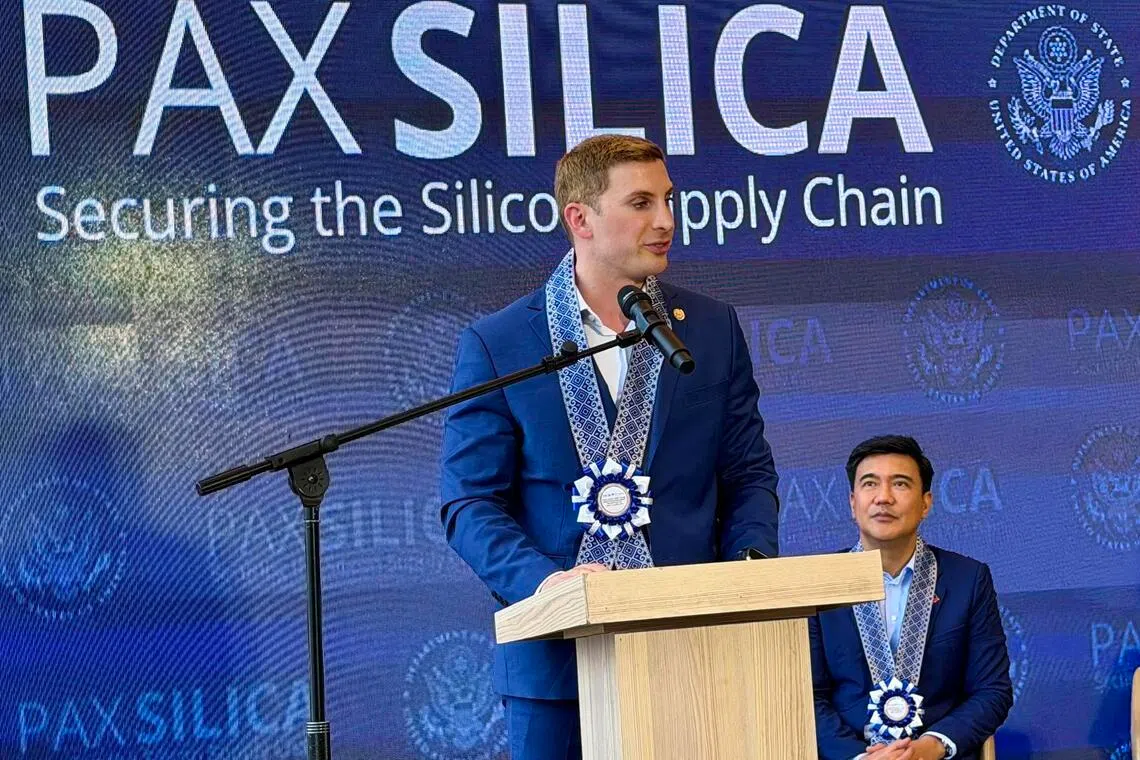 United States officials led by Undersecretary of State for Economic Affairs Jacob Helberg talks to reporters in Pampanga, Philippines on May 18.